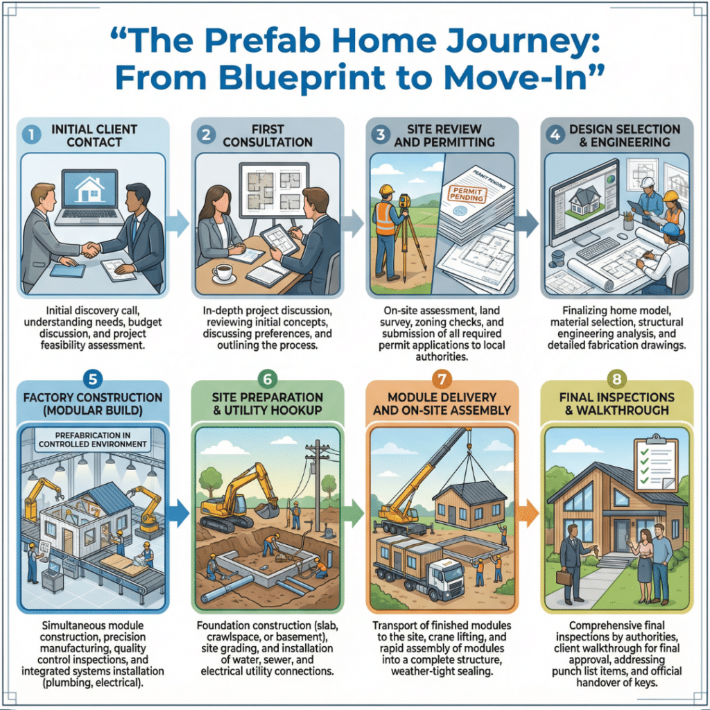 Prefab homes in Kawartha Lakes timeline showing steps from initial consultation and design through factory construction, delivery, and final occupancy