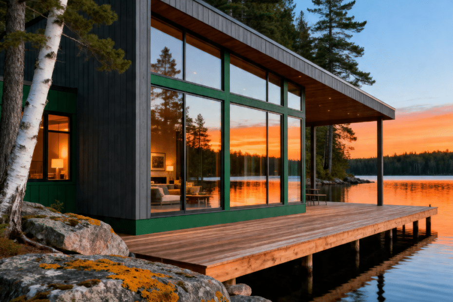 Prefab homes Muskoka completed CSA A277 certified modular home on Canadian Shield waterfront lot showing large floor-to-ceiling windows lake views covered deck and rocky shoreline demonstrating four-season prefab construction quality for Muskoka cottage country Ontario 2026