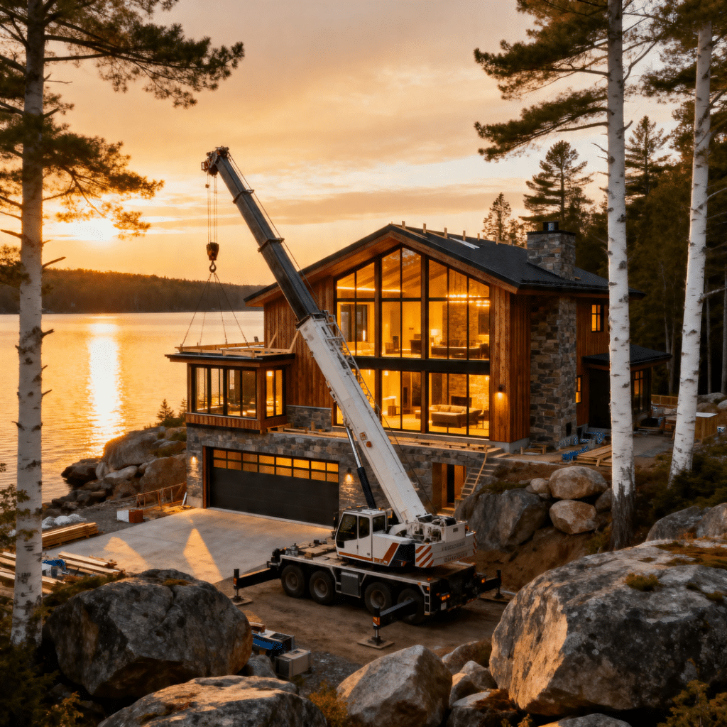 My Own Cottage prefab home in Muskoka being installed by crane as a completed modular structure on a Canadian Shield waterfront lot showing factory-built construction delivery and placement Ontario 2026