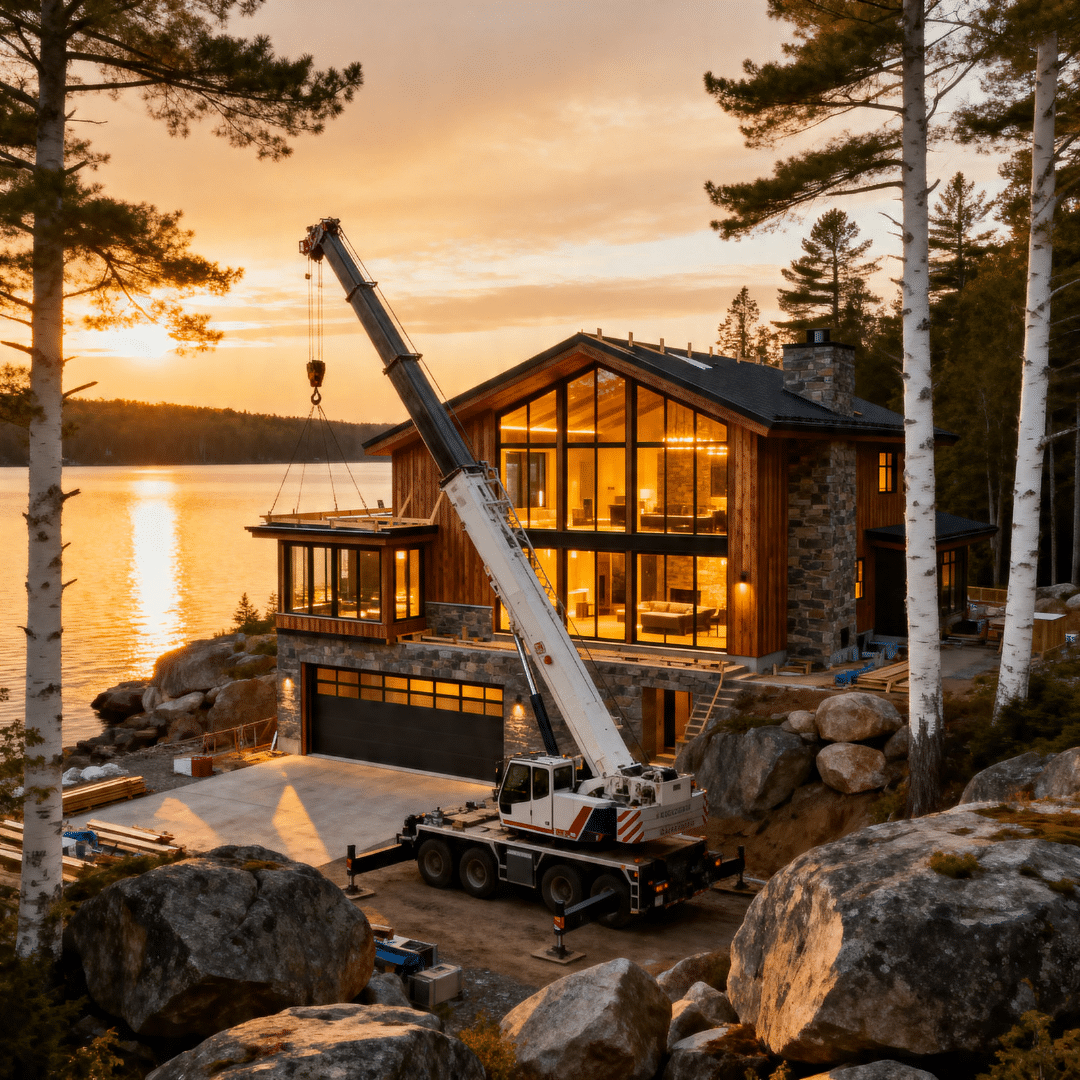 My Own Cottage prefab home in Muskoka being installed by crane as a completed modular structure on a Canadian Shield waterfront lot showing factory-built construction delivery and placement Ontario 2026