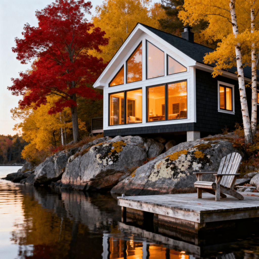 Prefab homes Muskoka completed waterfront prefab home in peak autumn foliage with Canadian Shield granite shoreline and calm lake reflection showing large windows and four season occupancy 2026