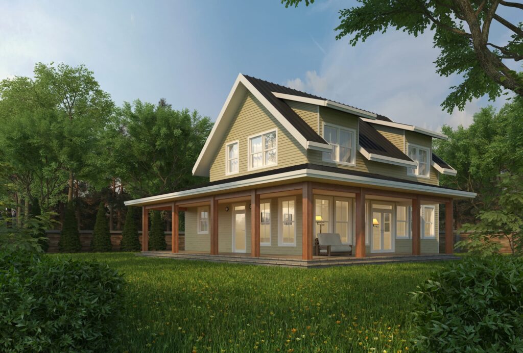 Prefab homes Muskoka Equinox 1560 square foot two bedroom two bathroom four season cottage with premium finishes