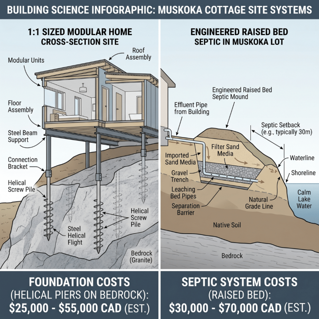 Prefab homes Muskoka foundation and septic system site decisions diagram showing helical pier foundation on Canadian Shield bedrock and engineered raised bed septic system on Muskoka lot with cost ranges 2026