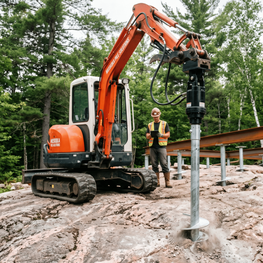 Helical pier foundation installation for prefab homes Muskoka on Canadian Shield bedrock showing steel screw pile driven into exposed granite with no excavation required for modular home construction Ontario 2026