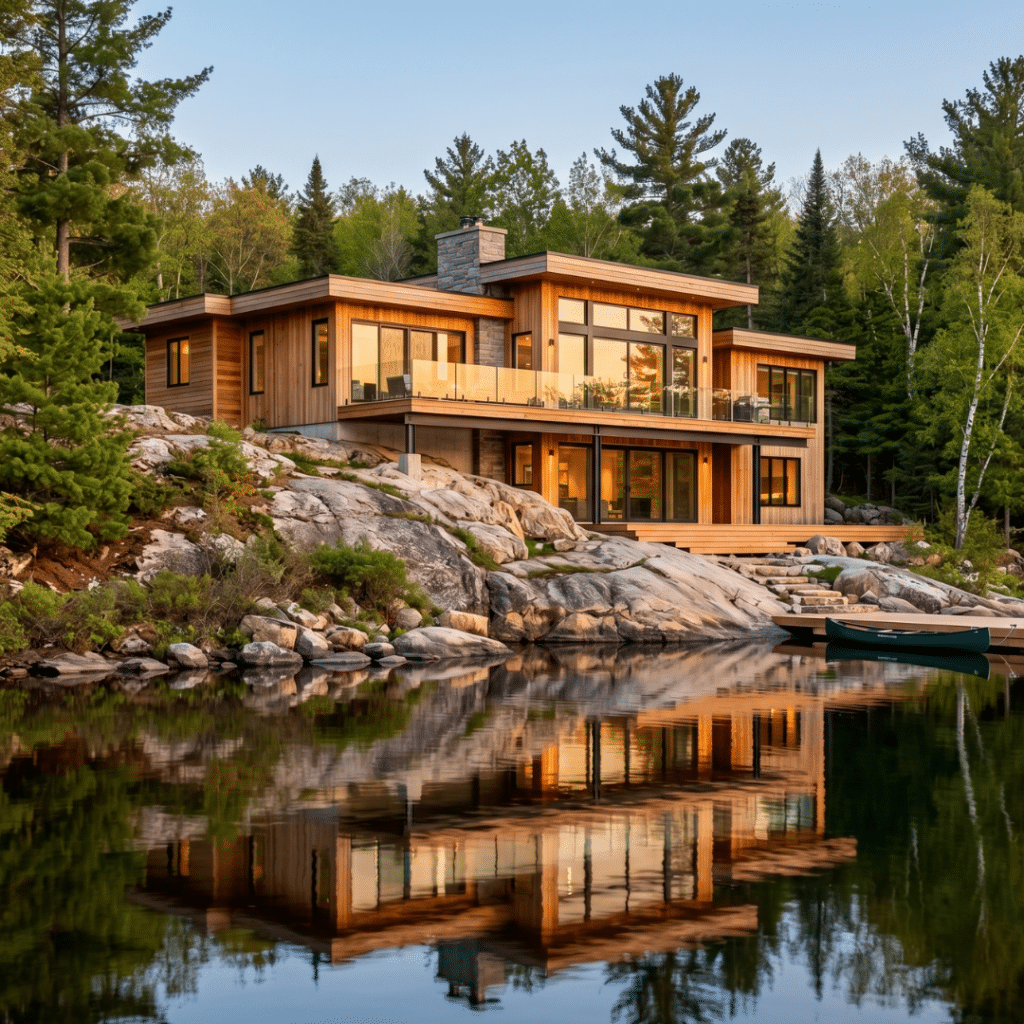 Prefab homes Muskoka modern cedar cottage on lakefront lot with exposed Canadian Shield granite foundation and calm water at golden hour demonstrating real site conditions and four season construction