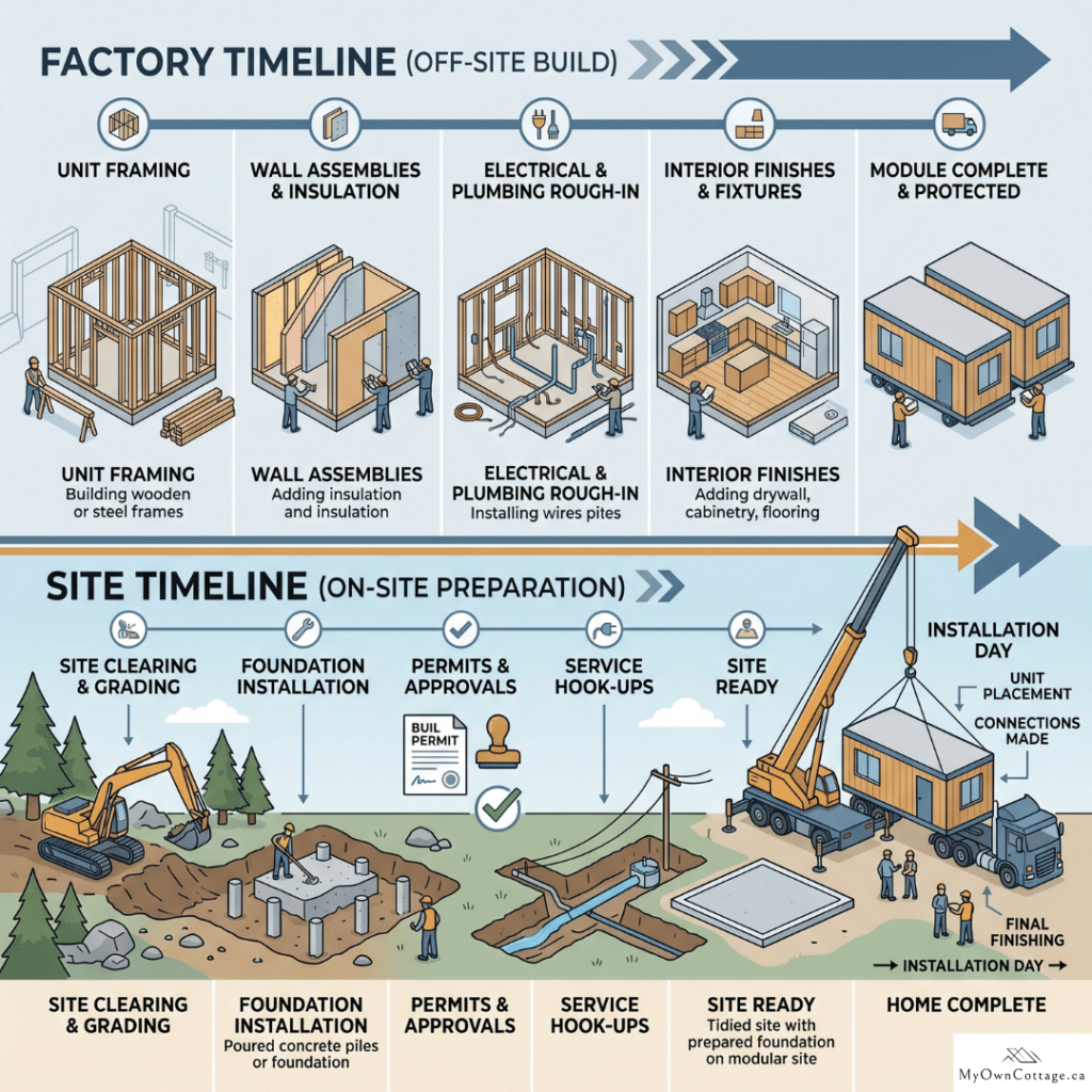 Prefab homes Muskoka parallel construction timeline showing factory-built modular home production and site preparation including foundation permits and servicing happening simultaneously leading to crane-set installation day 2026