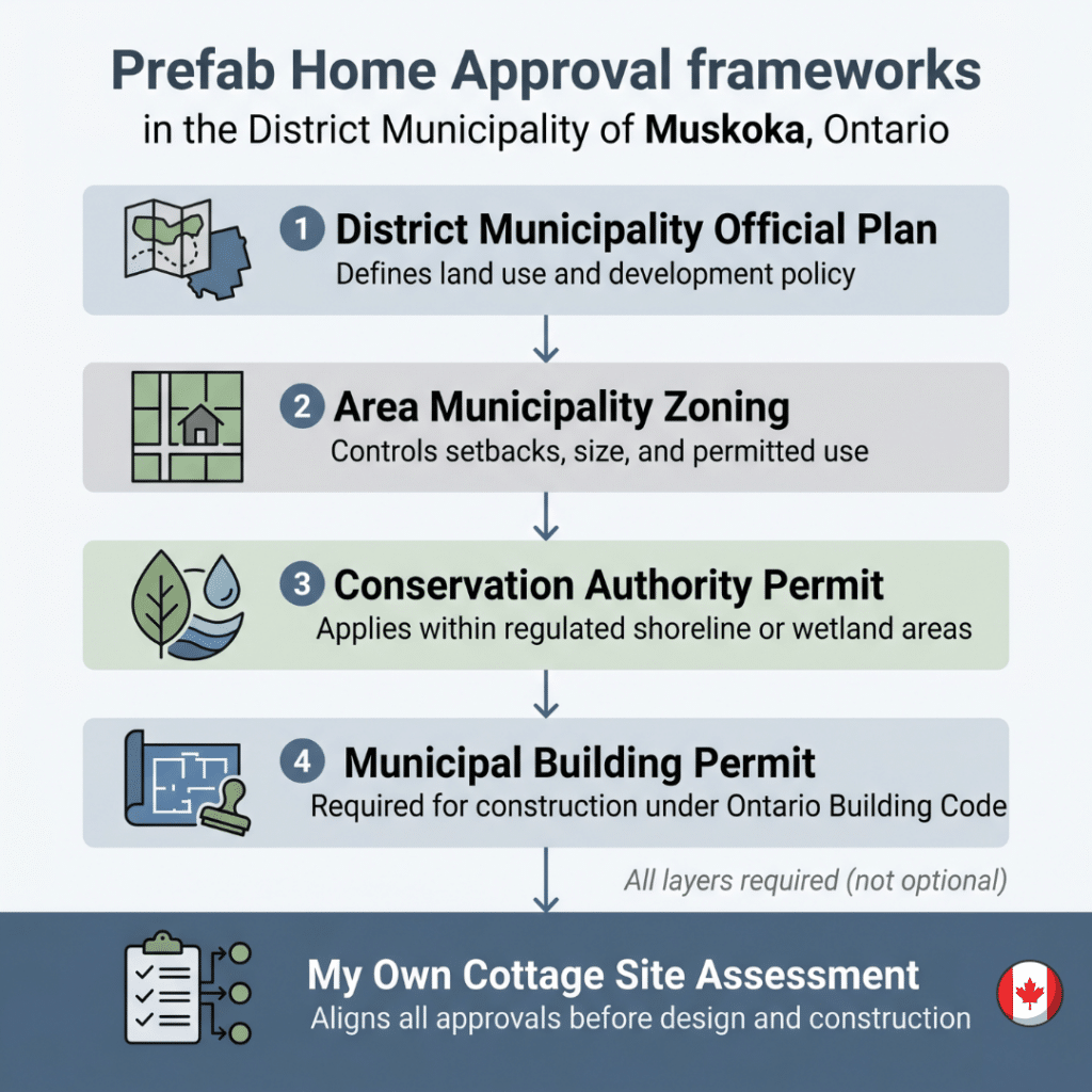 Prefab homes Muskoka regulatory approval framework diagram showing Official Plan zoning bylaw Conservation Authority permit and municipal building permit hierarchy