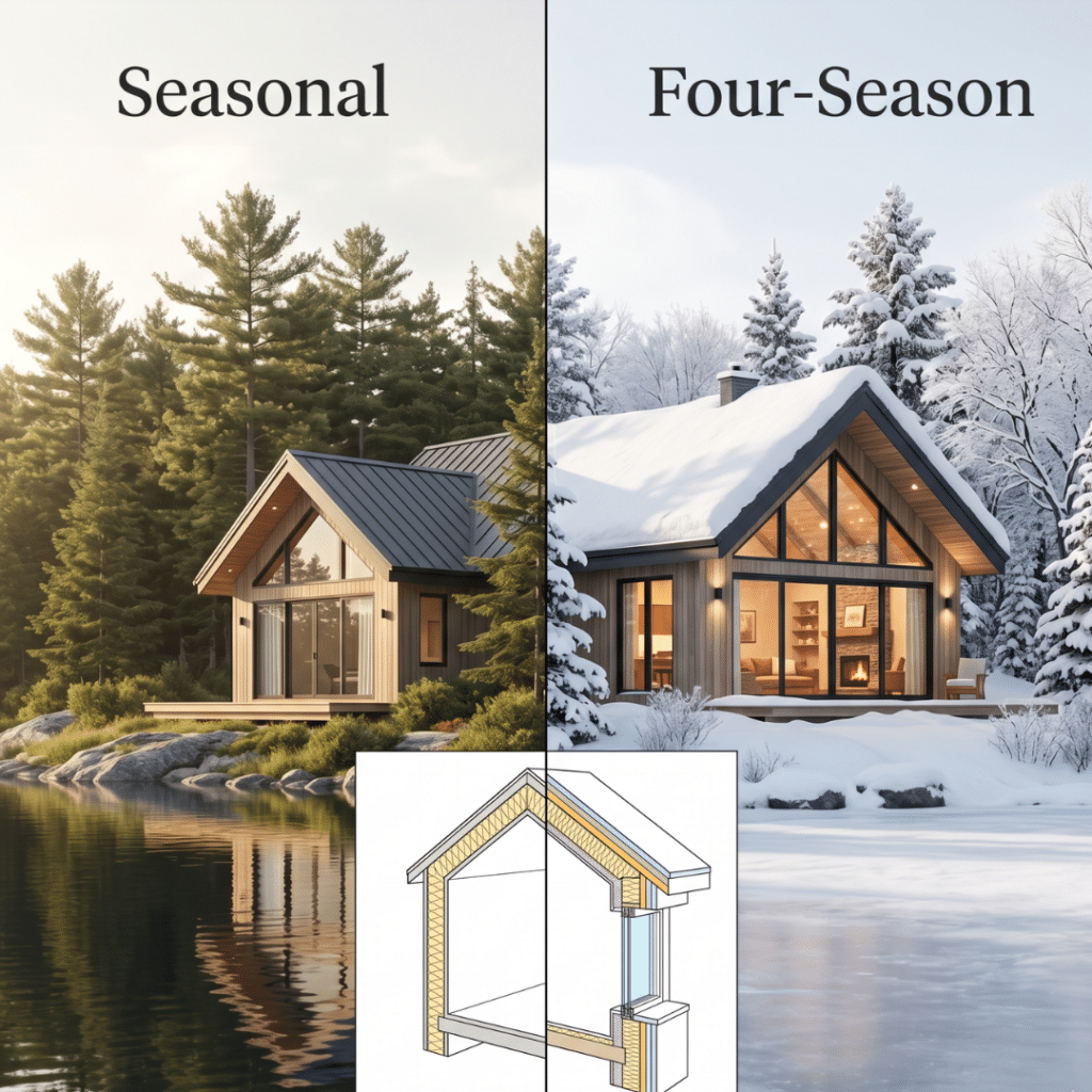 Prefab homes Muskoka seasonal vs four-season cottage comparison showing summer lakeside use and winter year-round occupancy with snow load warm interior light and insulated building envelope detail 2026