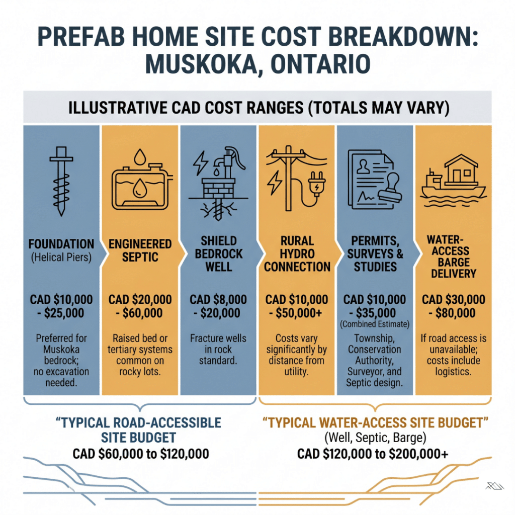 Prefab homes Muskoka site cost breakdown showing foundation septic system well hydro permits and delivery cost distribution for modular home construction Ontario 2026