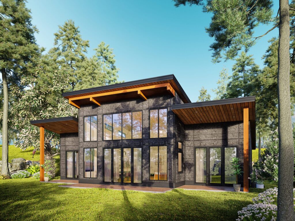 Prefab homes Muskoka Solaris 1418 square foot three bedroom modern cottage with large windows for natural light and lake views
