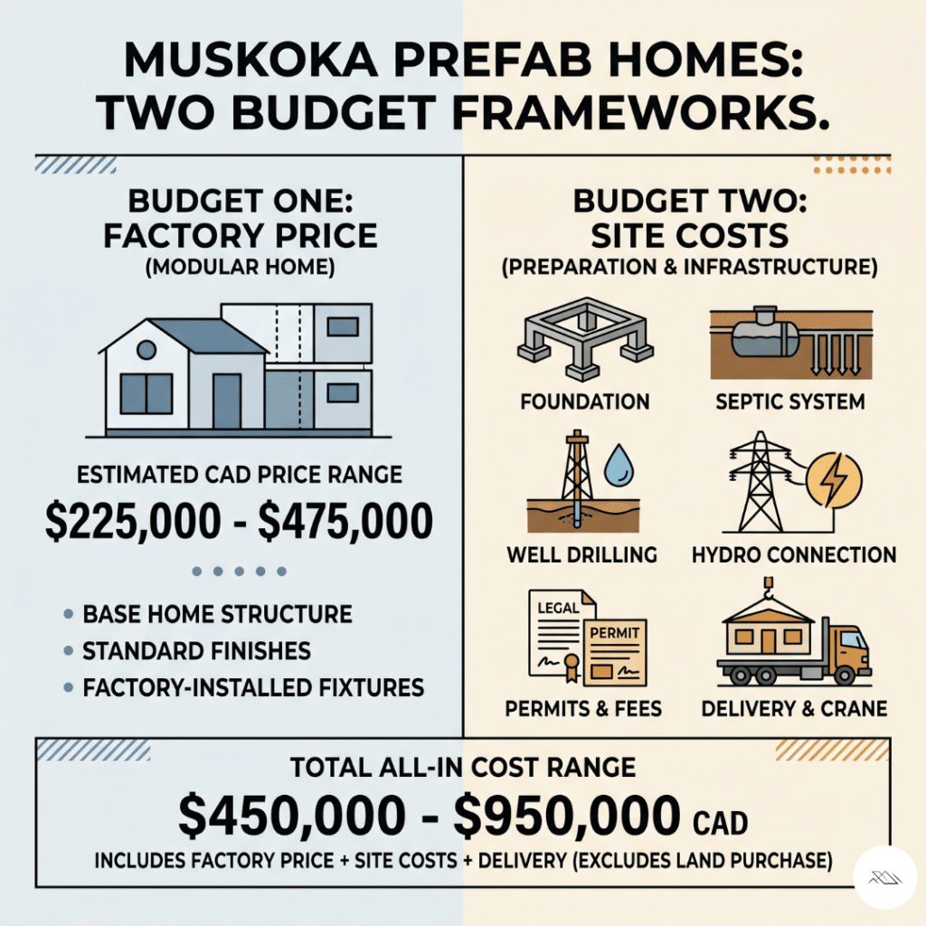 Prefab homes Muskoka two-budget framework showing factory price and site cost breakdown including foundation septic well hydro permits and delivery with total all-in cost range