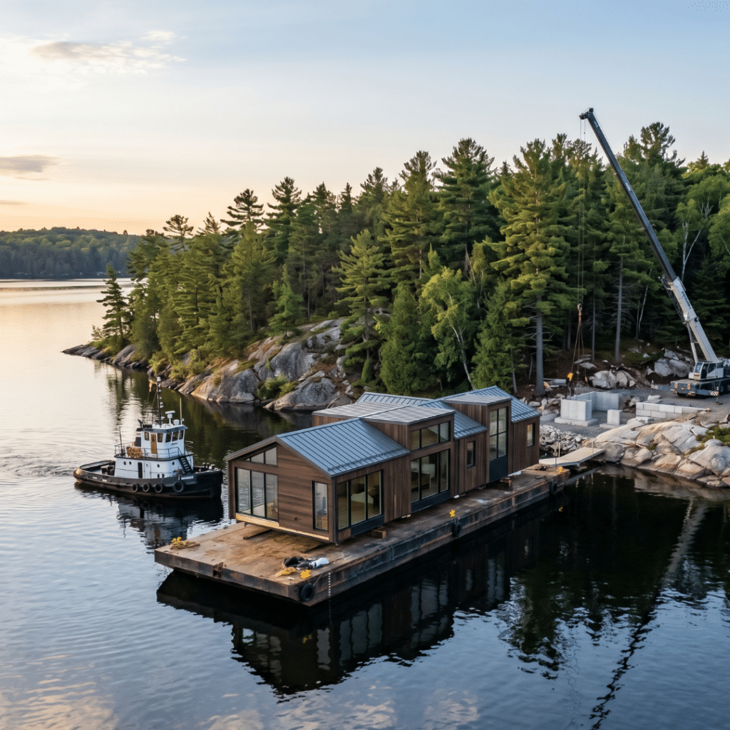 Prefab homes Muskoka water-access barge delivery showing completed modular home module transported across Lake Muskoka for crane-set installation on remote Canadian Shield waterfront lot Ontario