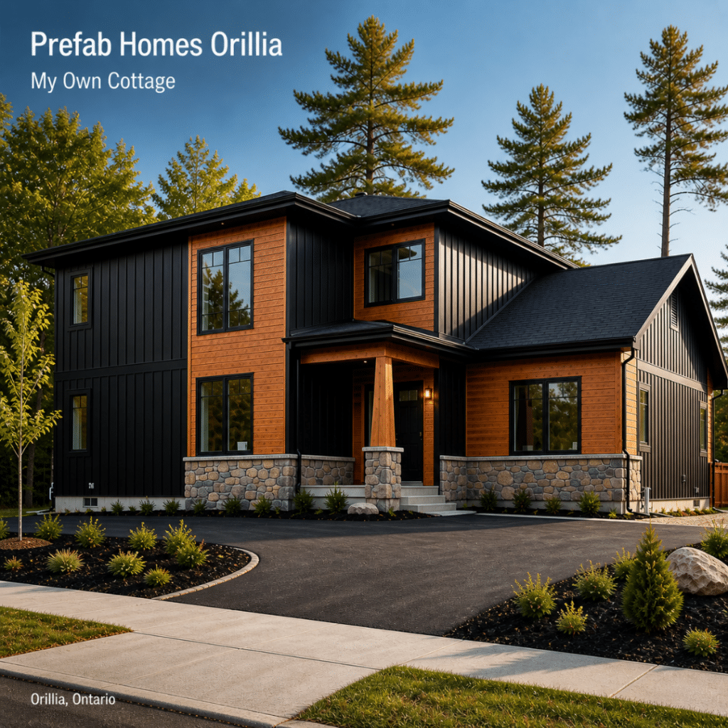 Prefab homes Orillia — completed My Own Cottage modular home on serviced residential lot in Simcoe County Ontario with modern exterior and landscaped driveway