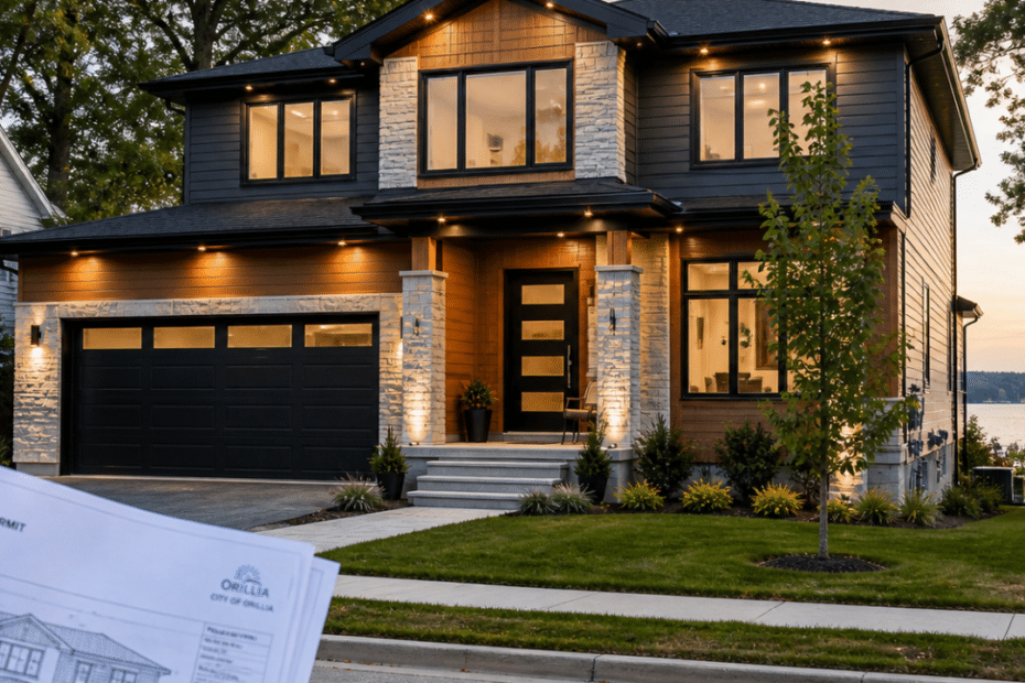Completed prefab home in Orillia on serviced urban lot with visible concrete foundation and Lake Couchiching in background with site plan document in foreground showing real permit-ready modular construction 2026