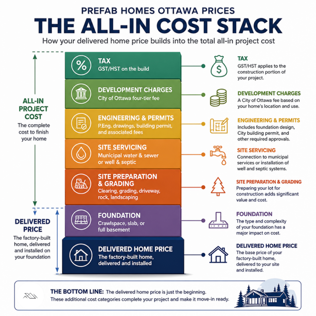 Prefab Homes Ottawa Prices infographic showing how all-in project costs build from the delivered home price plus foundation, site servicing, engineering, permits, development charges, and tax