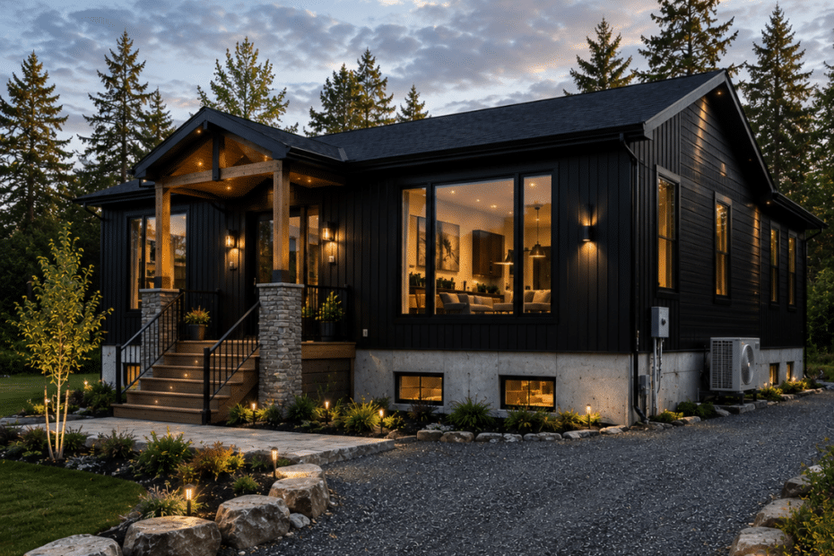 Prefab Homes Ottawa Prices — completed prefab home on a permanent foundation with driveway, grading, utility servicing, and site work visible on an Ottawa-area lot