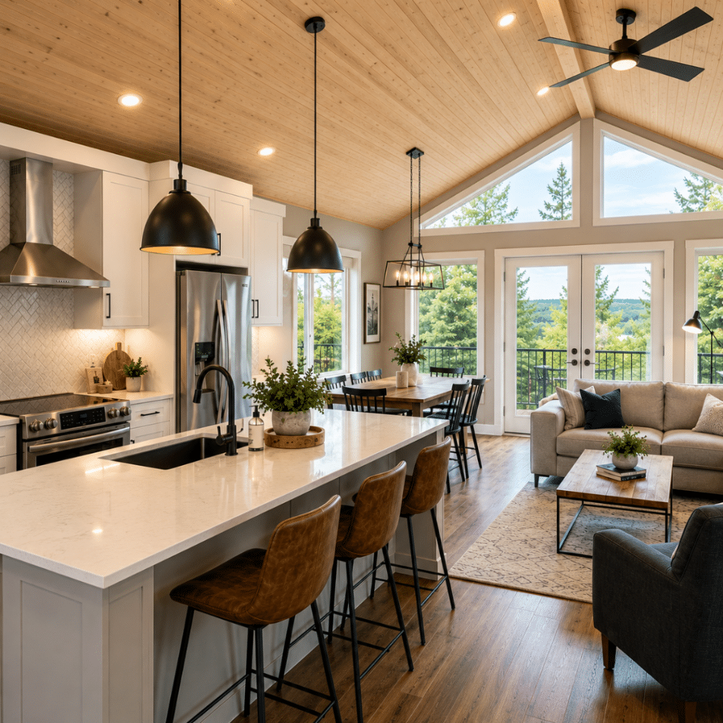 Prefab Homes Ottawa Prices — open-concept kitchen, dining, and living area inside a completed CSA A277-certified modular prefab home