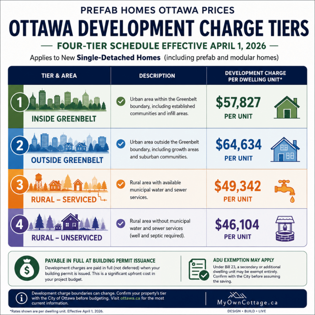 Prefab Homes Ottawa Prices infographic showing Ottawa's four-tier development charge schedule for new single-detached prefab homes, effective April 1, 2026