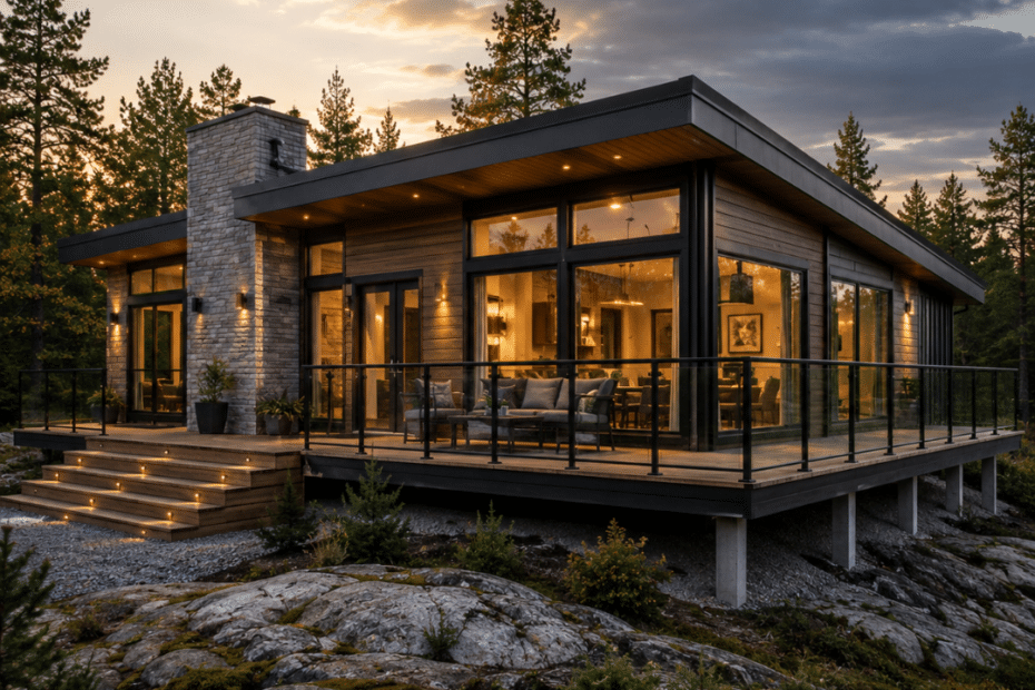 Prefab homes Sudbury Ontario featuring a completed modern modular home on the Canadian Shield landscape with contemporary architecture, large windows, natural stone features, and a forested Northern Ontario setting.