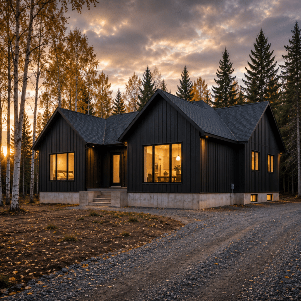 Prefab homes Timmins Ontario — completed My Own Cottage modular home on a Northern Ontario Clay Belt lot with permanent foundation and boreal forest setting
