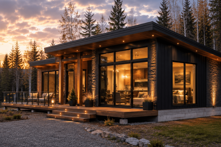 Prefab homes Timmins Ontario — luxury modular home on a Northern Ontario Great Clay Belt lot with dark cladding, warm interior lighting, and boreal forest surroundings