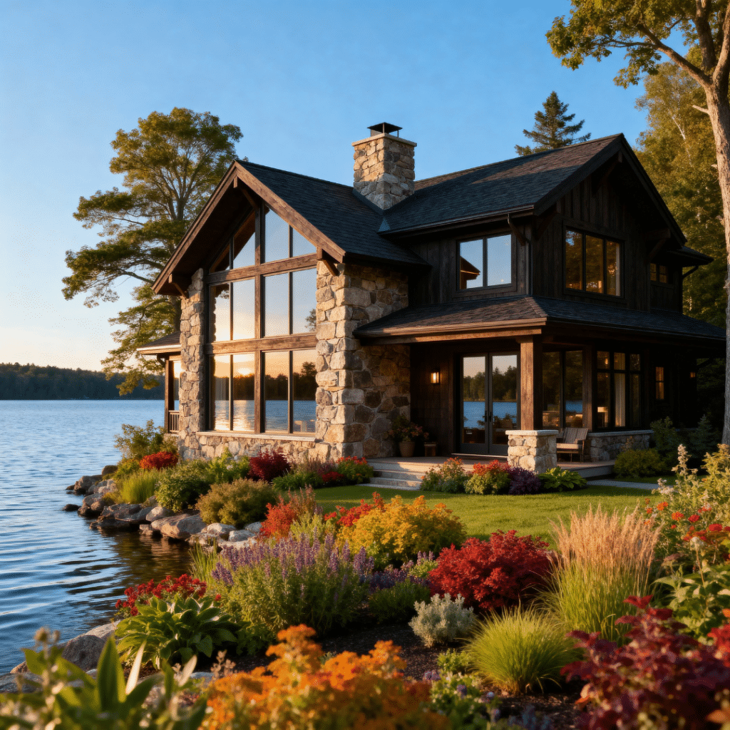 Rustic prefab home on Lake Scugog with a vibrant front garden and scenic water views in Ontario.