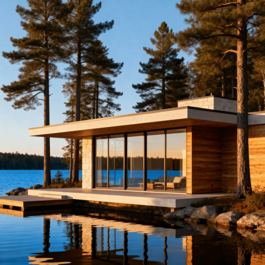Scandinavian-inspired 1,800 sq ft modular home on Pine Lake in Gravenhurst with minimalist design, floor-to-ceiling windows, and lake reflections.