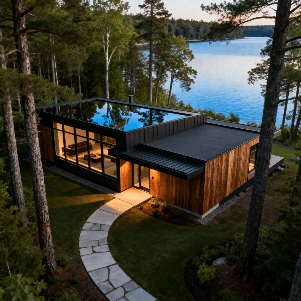 Sleek small modern bungalow in a forested setting near Lake Scugog, Ontario.