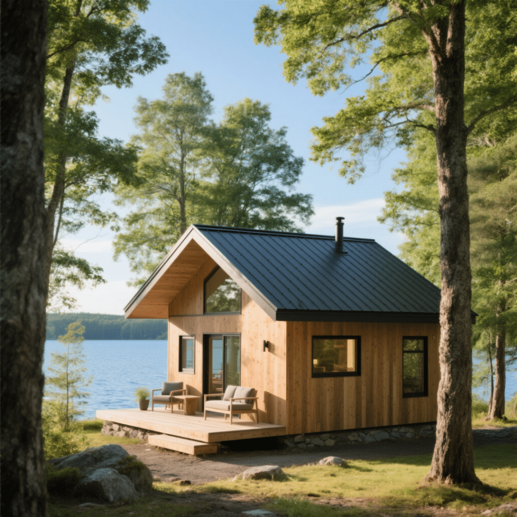 Small modern prefab cottage under 1,000 sq ft in Haliburton with rustic charm, surrounded by trees and a lake view