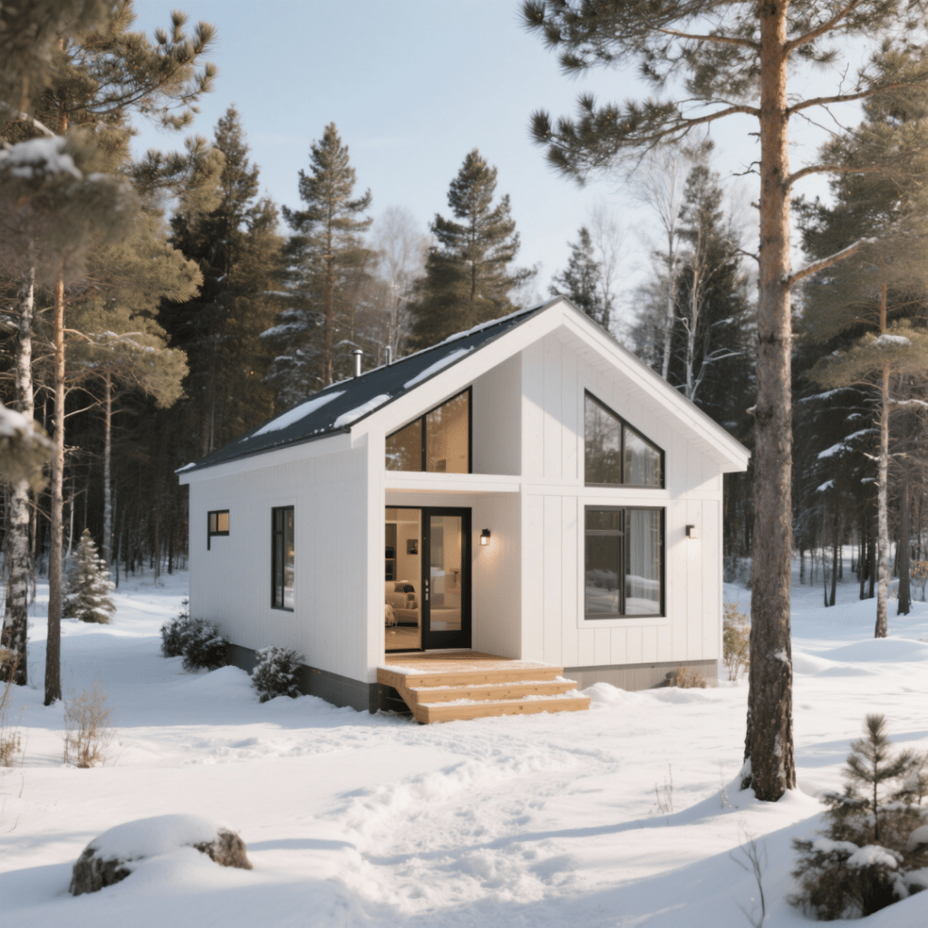 Small prefab home in Sudbury with modular building design, energy-efficient windows, and modern compact layout.
