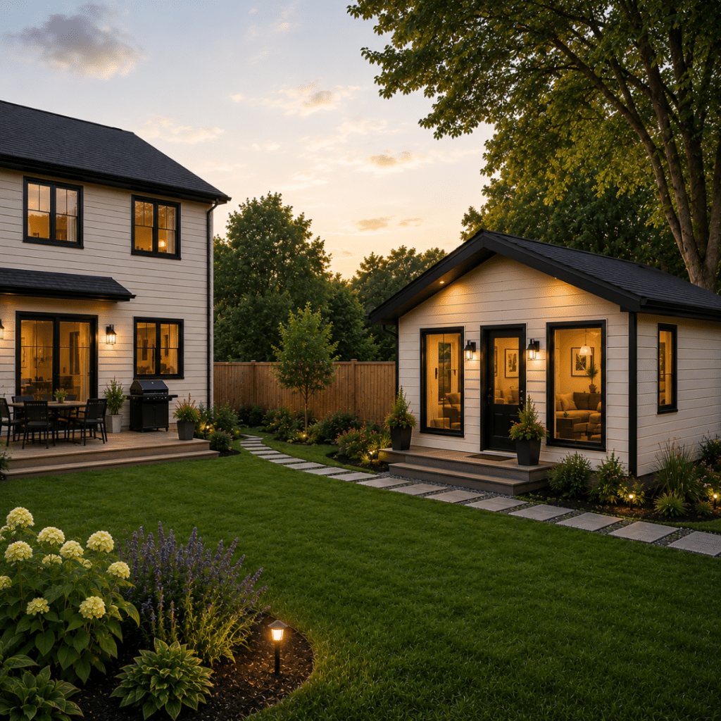 Small prefab home used as a garden suite or coach house in the rear yard of an Ottawa property, showing a detached additional dwelling unit behind the main home.