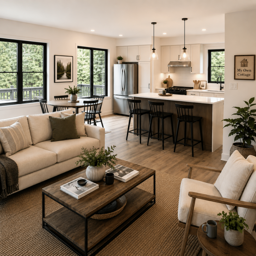 Small prefab homes Ottawa interior featuring an open-concept kitchen, dining, and living area with large windows, modern finishes, and efficient space planning.