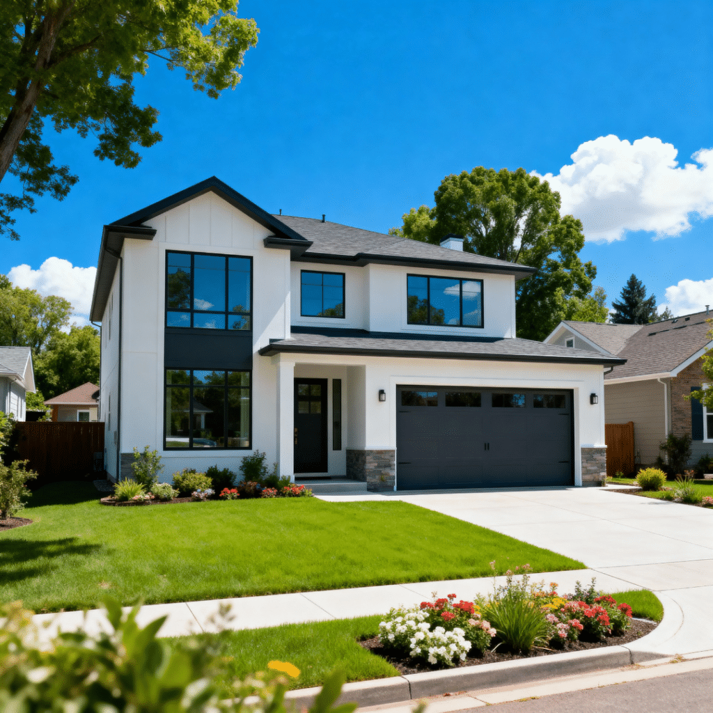 Stylish suburban prefab home with attached garage under clear blue skies with light white clouds in a peaceful town setting.