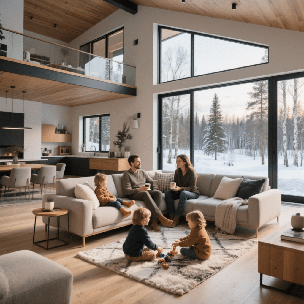 Family enjoying modern prefab home in Sudbury with open-concept design and cozy interior.