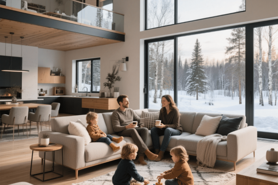 Family enjoying modern prefab home in Sudbury with open-concept design and cozy interior.