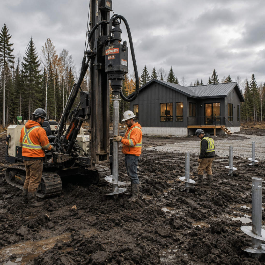 Prefab homes Timmins Ontario — helical screw pile installation on Great Clay Belt clay soil for a Northern Ontario modular home foundation