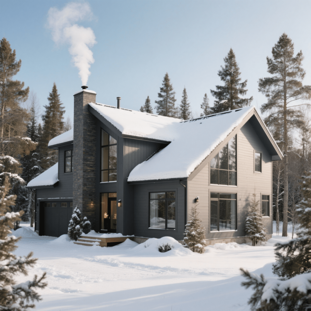Modern prefab modular home in Sudbury, Ontario with snow-covered roof built for heavy snow loads in winter