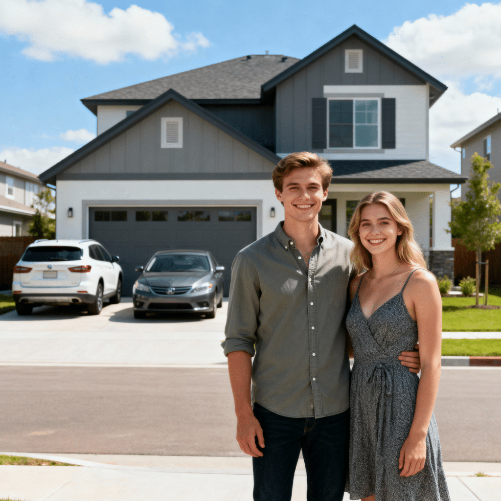 A smiling young couple stands outside a modern prefab home in Midland, Ontario, surrounded by greenery.