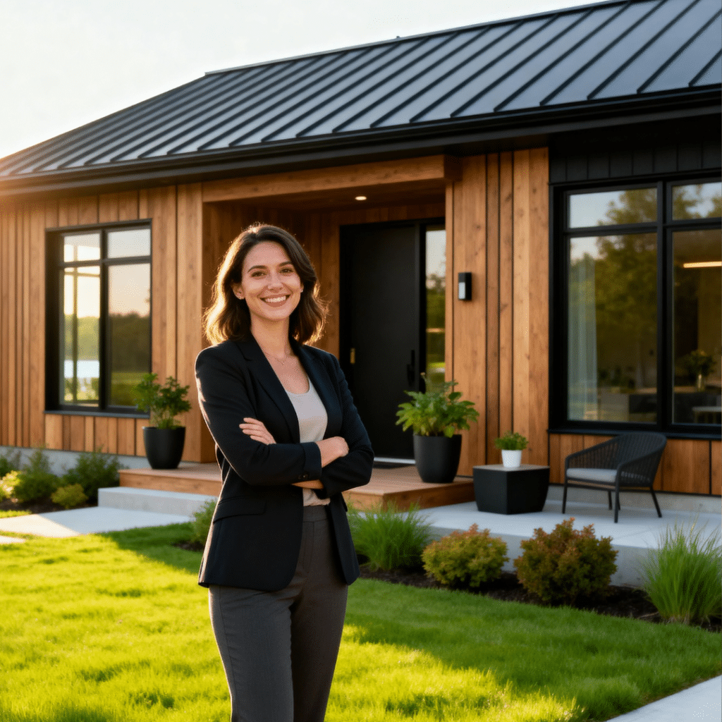 Young woman smiling in front of a stylish, eco-friendly small prefab home in Newmarket, Ontario.