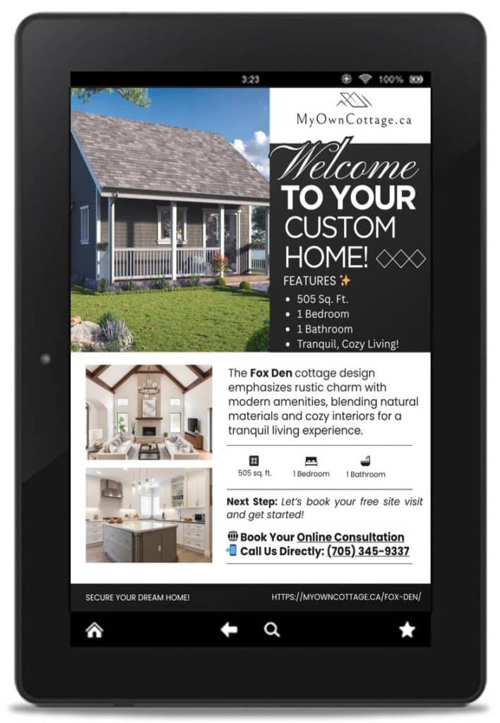 Brochure for the 'Fox Den' prefab home model featuring modern architectural design, energy-efficient layout, and customizable floor plan options—highlighting style, comfort, and sustainable living.