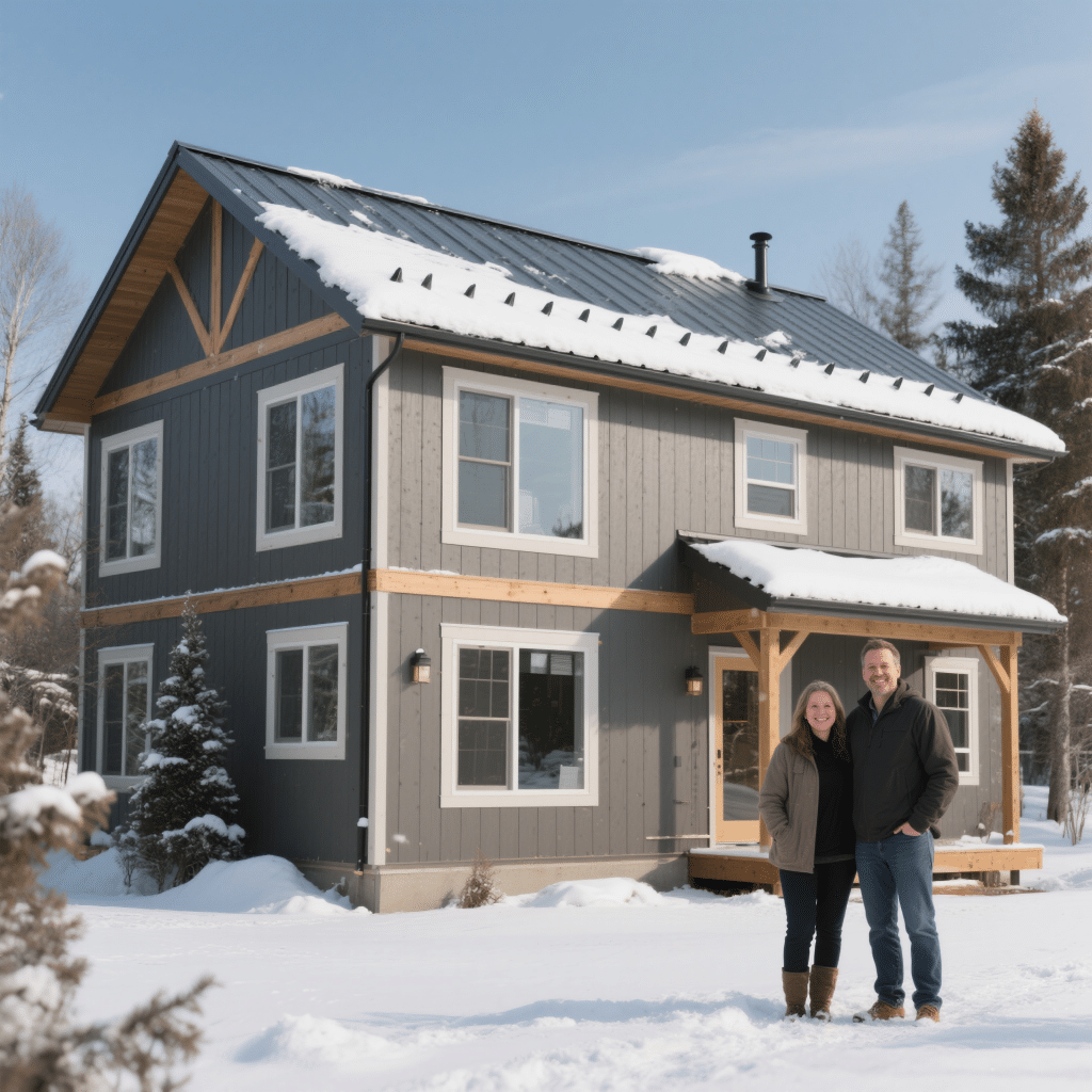 Two-storey modular prefab home built by My Own Cottage in Sault Ste. Marie, featuring a metal roof with snow guards, triple-pane windows, and light snow on the roof; homeowners smiling in front of their winter-ready build.