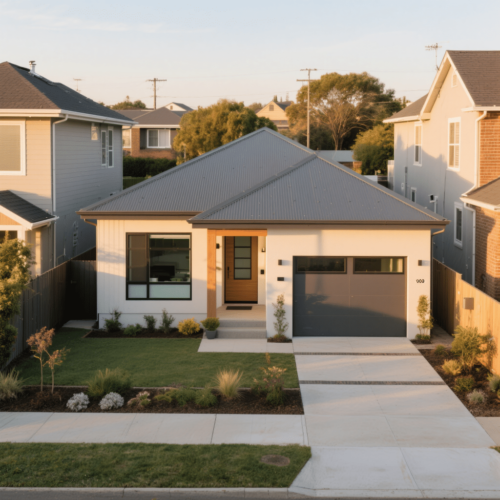 Exterior view of a custom-built 900 sq ft bungalow on Aqueduct Street, Welland, Ontario, featuring modular slab-on-grade foundation, low-pitch metal roof for Niagara snow loads, and triple-glazed energy-efficient windows — designed to meet Ontario’s highest building standards.