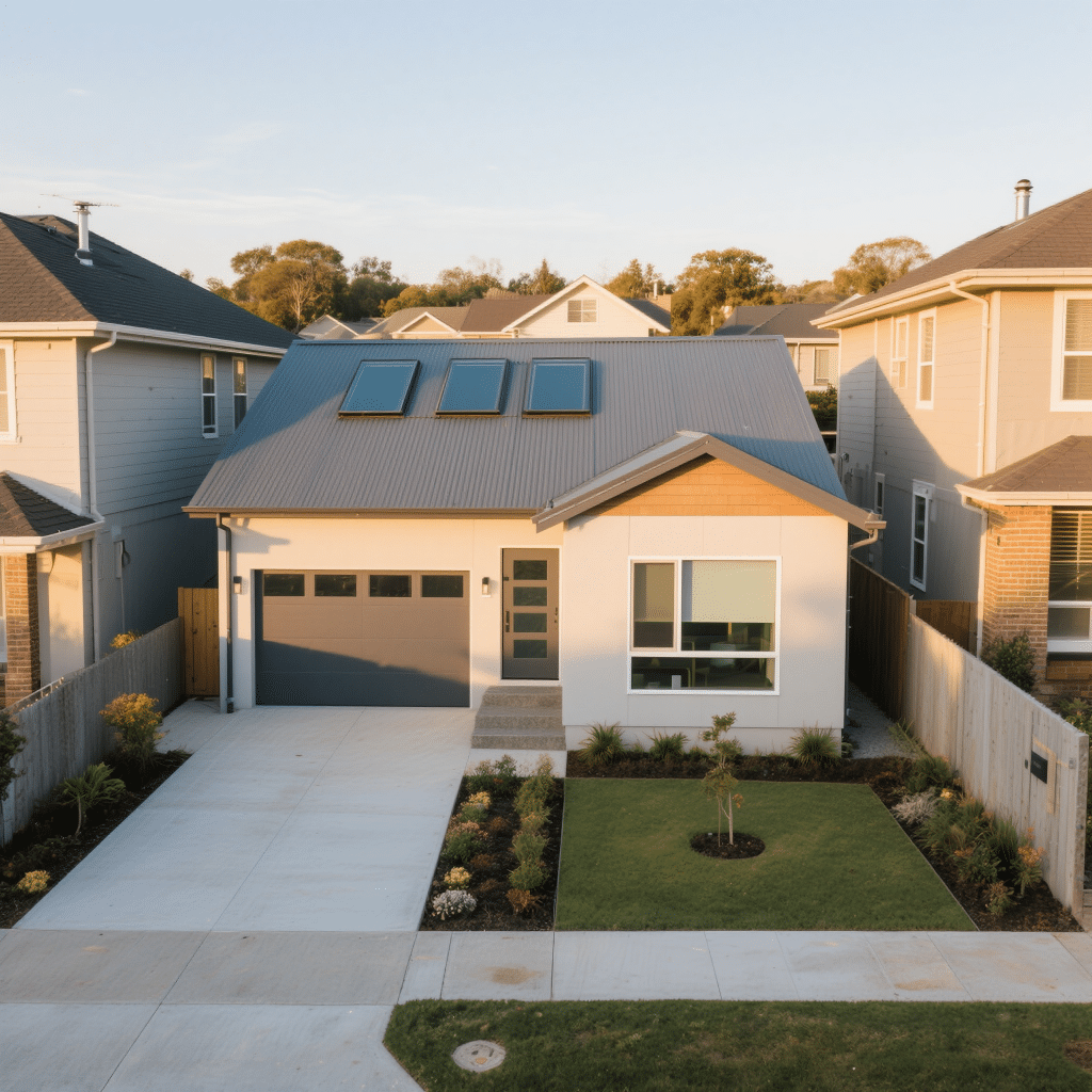 Exterior of a 900 sq. ft. energy-efficient prefab bungalow on a narrow lot in Thunder Bay, featuring triple-glazed windows, metal roof, and modern landscaping at golden hour.