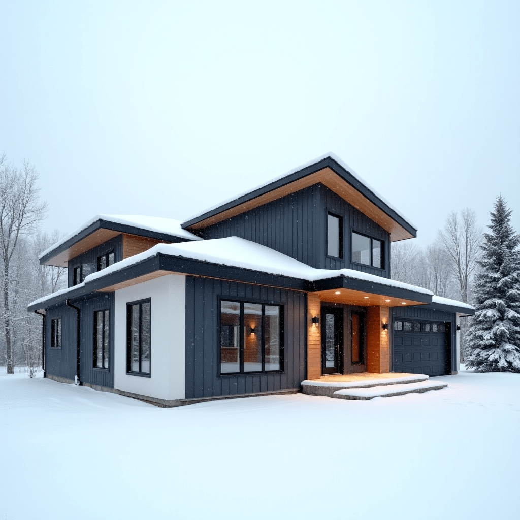 Climate-ready prefab home in Southwestern Ontario with heavy snow load roof, R-60+ insulation, triple-pane windows, and durable steel siding for year-round comfort
