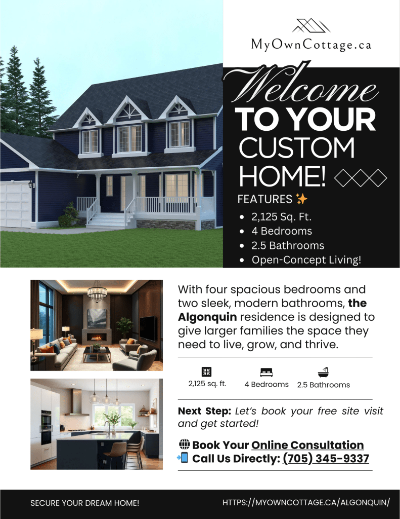 Algonquin prefab home brochure showcasing a modern, customizable home design with floor plans, features, and pricing by My Own Cottage.