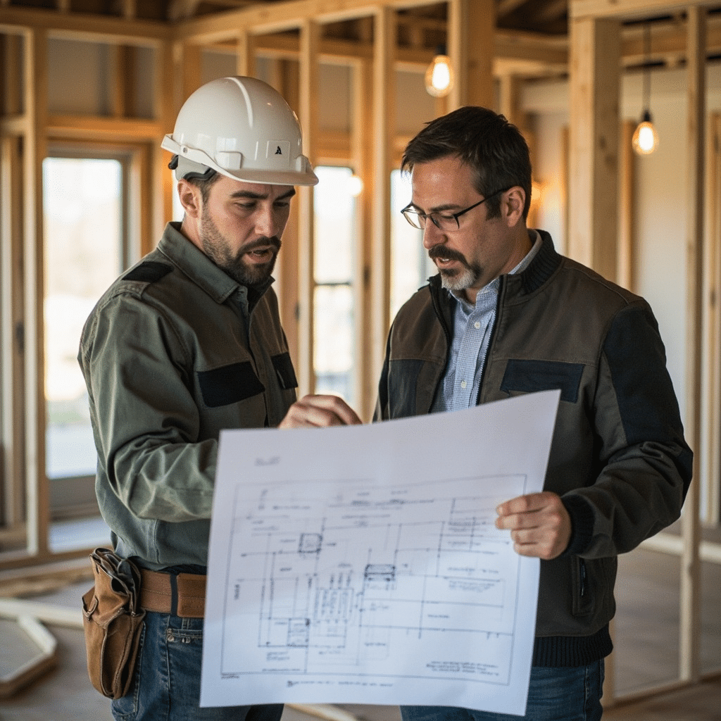 Architect reviewing engineered blueprints with a Hamilton homeowner at a modular prefab home job site — ensuring Ontario Building Code compliance, zoning approval, and precision construction in a controlled environment.