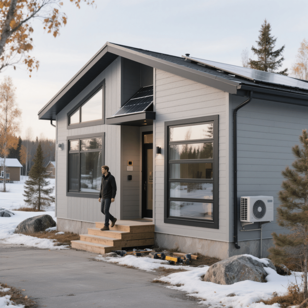 Modern prefab bungalow in Sudbury, Ontario with triple-pane windows, heat pump, and eco-friendly features surrounded by fall foliage.