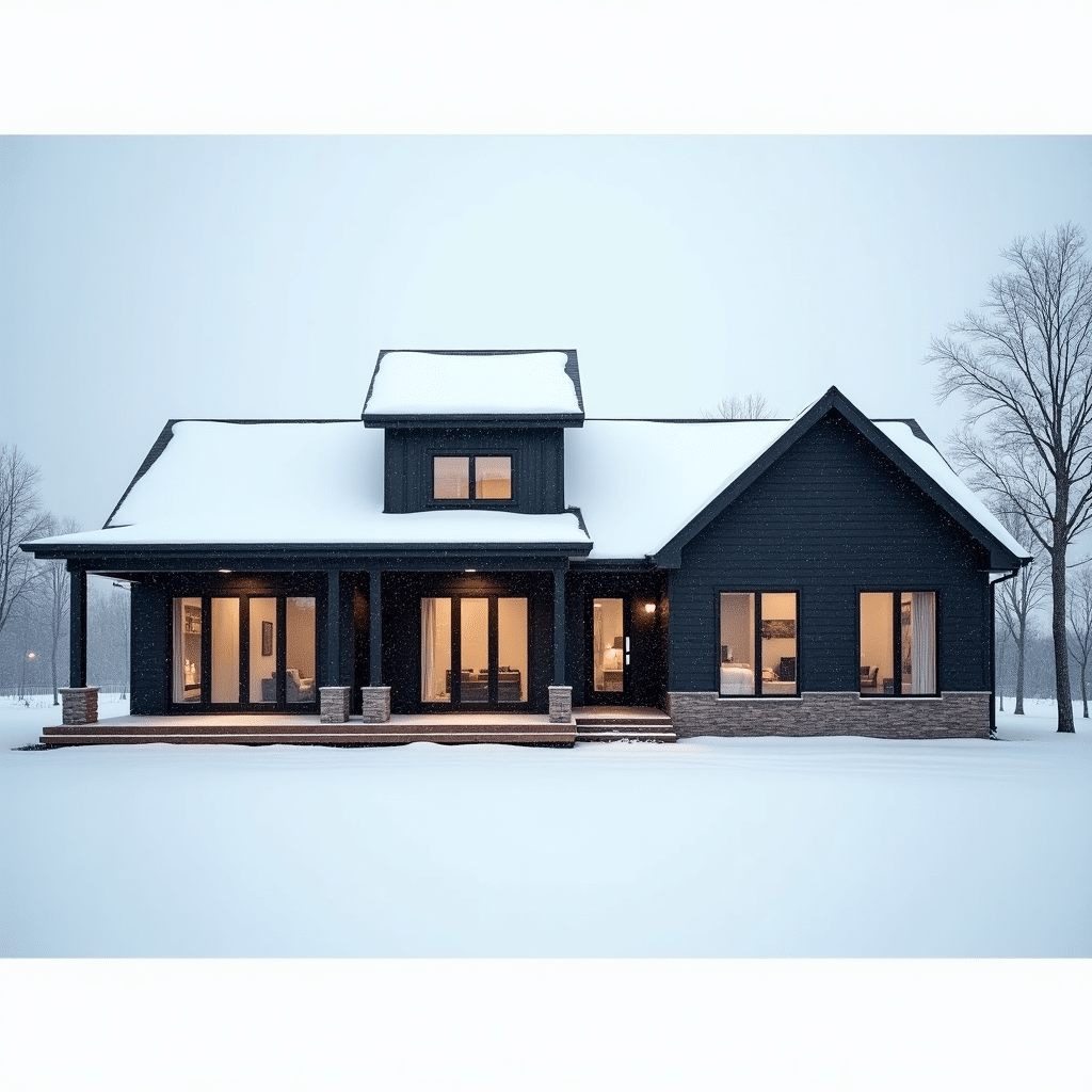 Energy-efficient modular prefab home in Ottawa during winter, featuring triple-glazed low-E windows, R-60 attic insulation, insulated concrete foundation, and CSA A277-certified construction — built to exceed Ontario Building Code SB-12 Tier 2 standards for superior cold-climate performance.