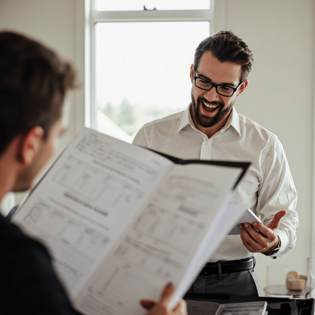Homebuyer meeting with a City of Hamilton building official inside Hamilton City Hall to review modular prefab home zoning requirements and building permit plans — ensuring compliance with the Ontario Building Code and local residential by-laws.