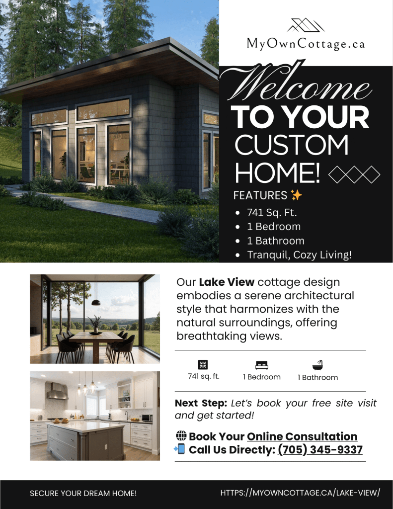 Lake View prefab cottage-home brochure cover featuring modern design highlights and lifestyle benefits.